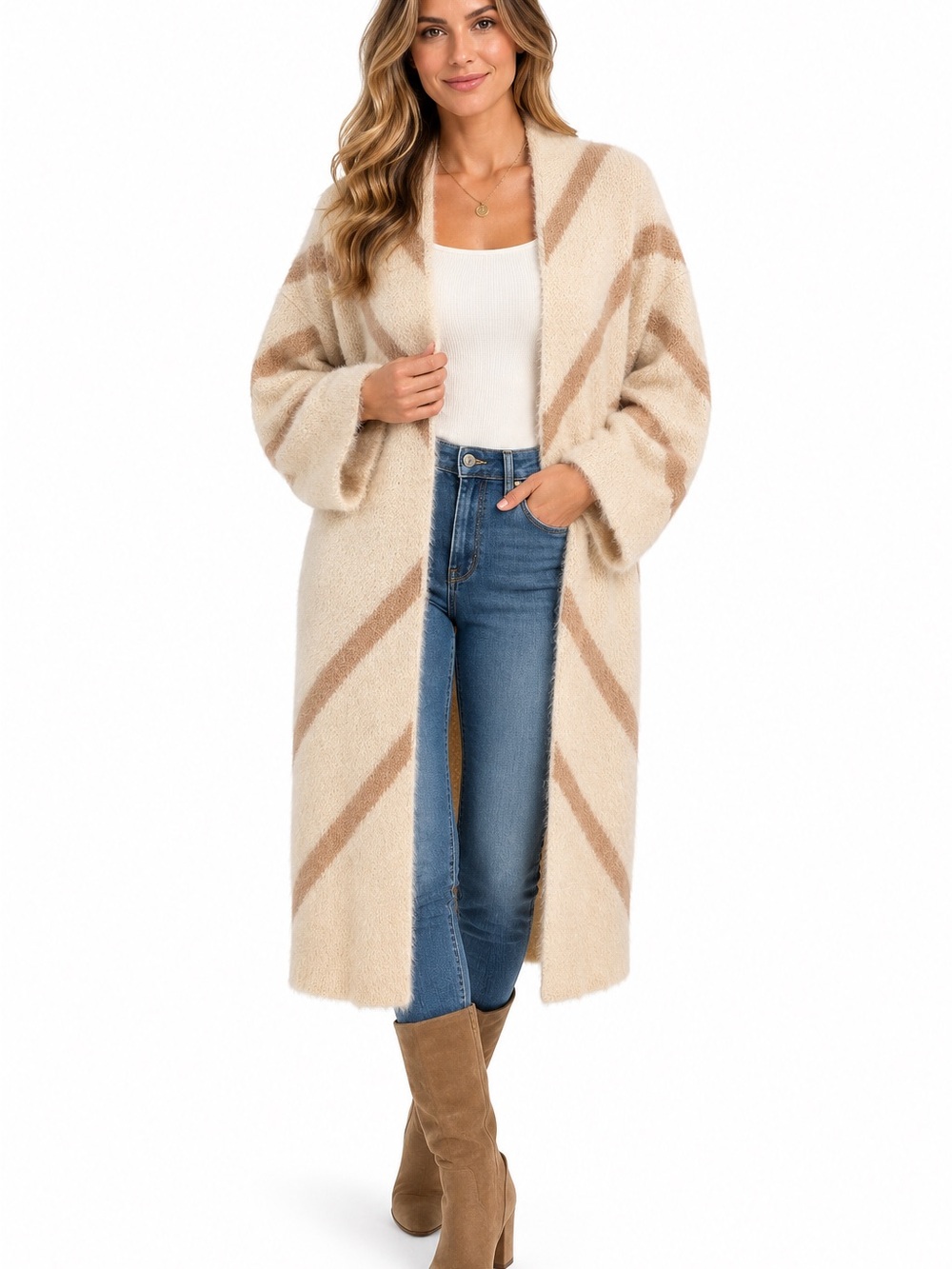 Steve Madden Long Open-Front Striped Cardigan in Beige and Tan